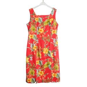 Vintage Caribbean Joe Peach Orange Tropical Hawaiian Sleeveless Midi Dress Med